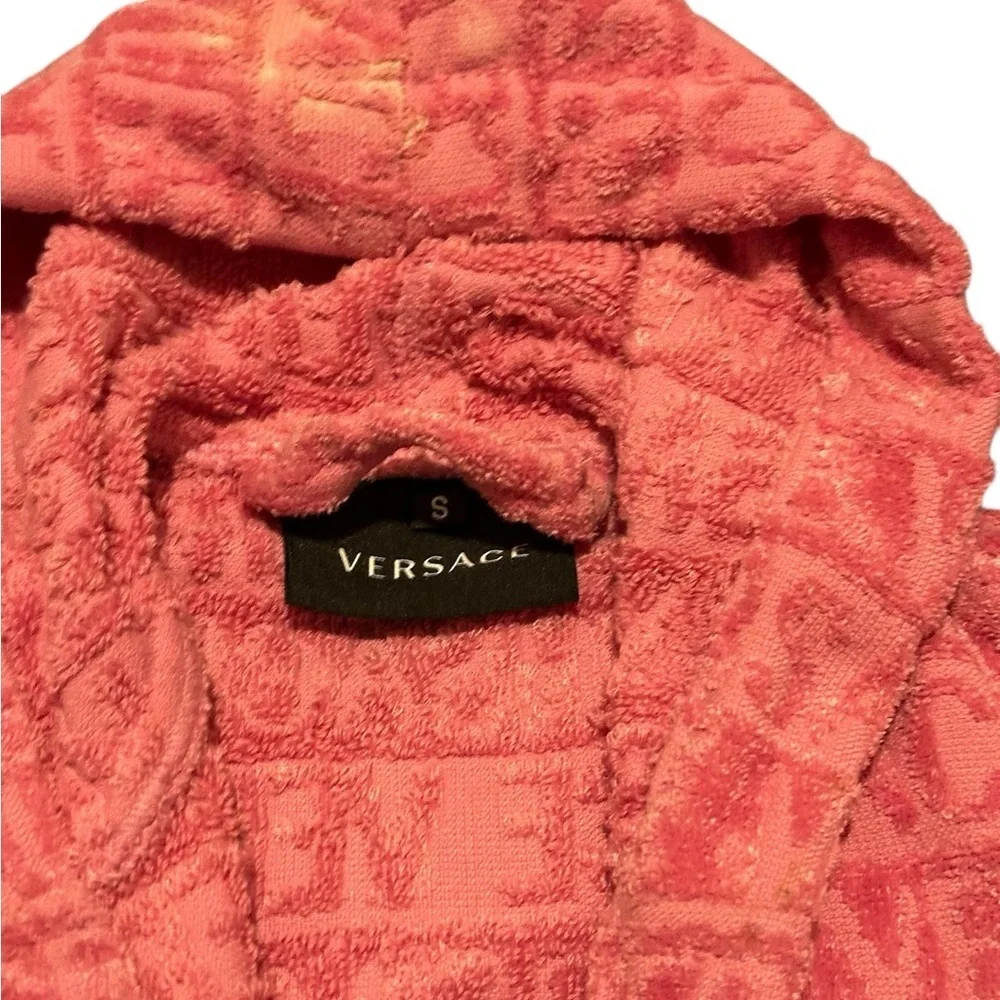 Versace Kids Coral Hooded Pajama Robe with Gold Baroque Trim, pre-owned